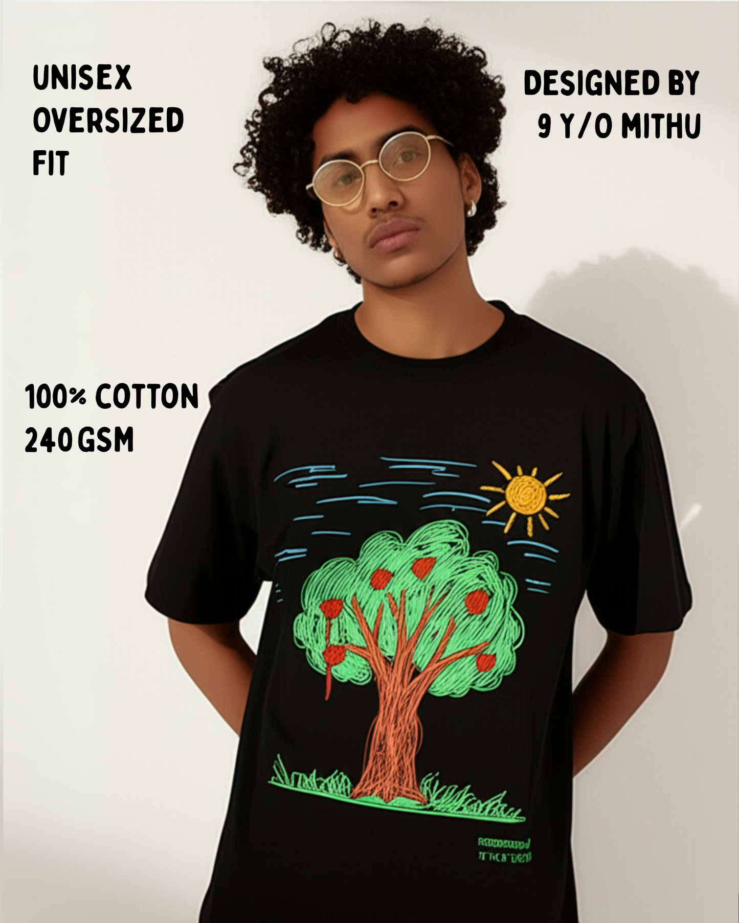 Black Oversized T-Shirt – Printed Apple Tree Drawing by 9-Year-Old Mithu | House of Magnetic HOUSE OF MAGNETIC