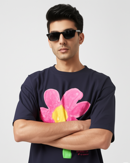 Navy Unisex Oversized T-Shirt – Pink Flower Artwork by 9-Year-Old Vidhu | House of Magnetic HOUSE OF MAGNETIC