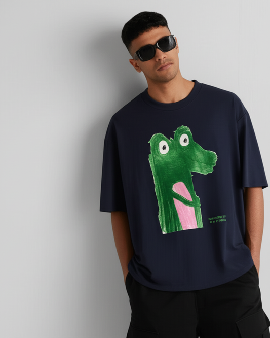 Navy Oversized T-Shirt – Crocodile Artwork by 9-Year-Old Vidhu | House of Magnetic HOUSE OF MAGNETIC