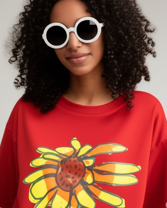 Red Unisex Oversized T-Shirt – Yellow Sunflower Art by 9-Year-Old Mithu | House of Magnetic HOUSE OF MAGNETIC