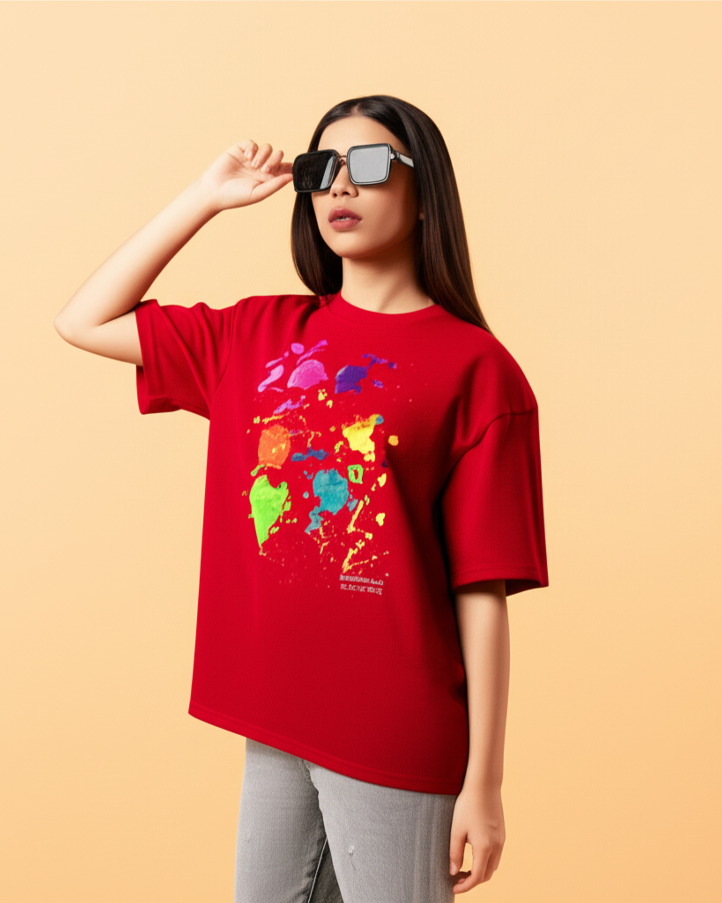 Red Unisex Oversized T-Shirt – Color Splash Art by 9-Year-Old Mithu | House of Magnetic HOUSE OF MAGNETIC