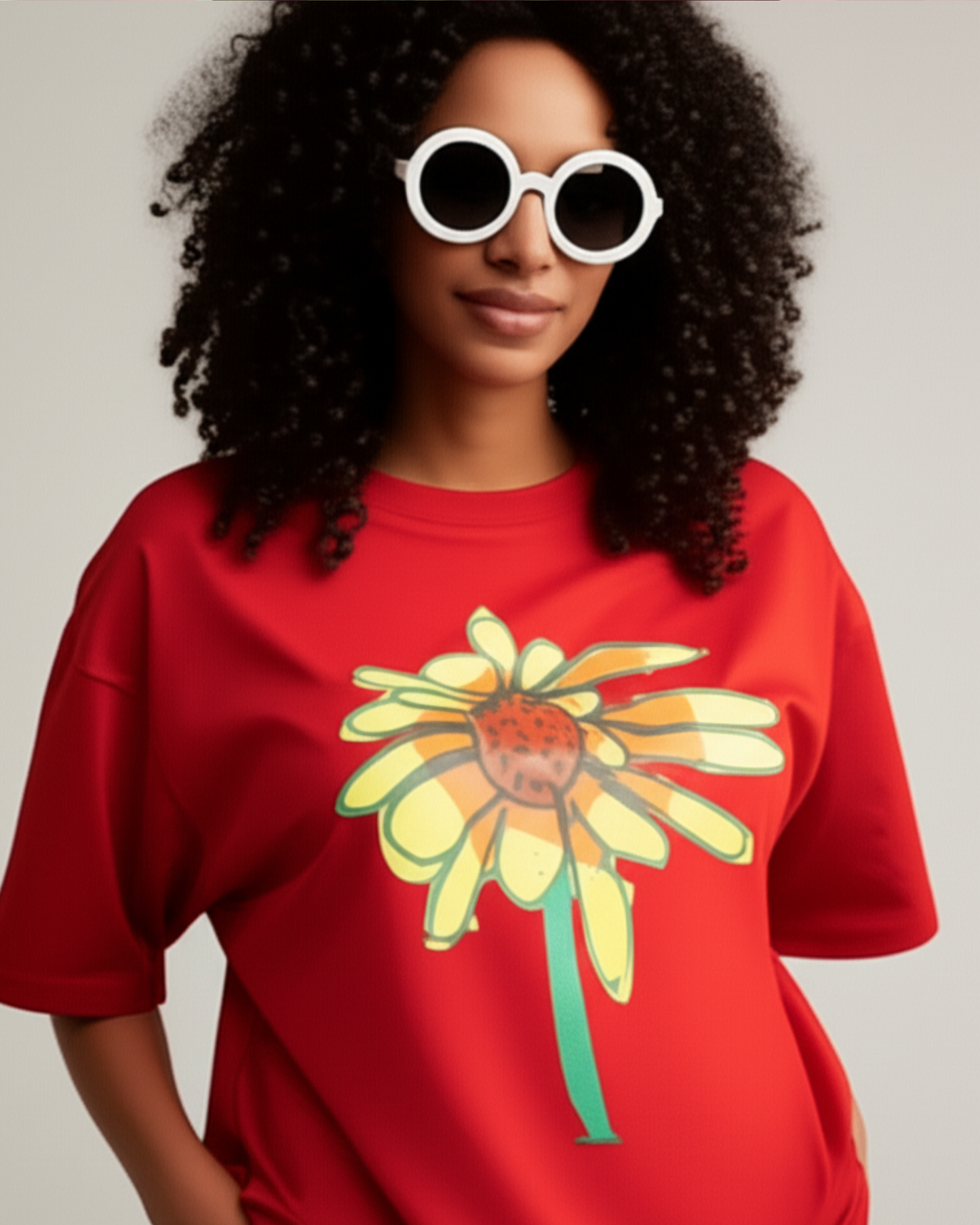 Red Unisex Oversized T-Shirt – Yellow Sunflower Art by 9-Year-Old Mithu | House of Magnetic HOUSE OF MAGNETIC