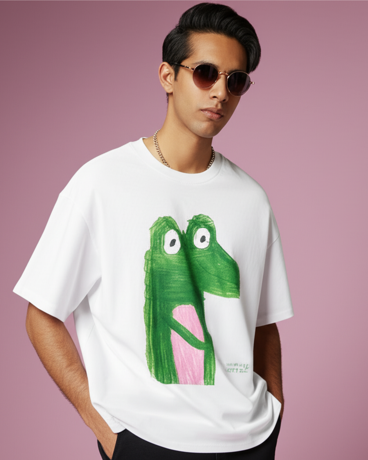 White Oversized T-Shirt – Crocodile Drawing by 9-Year-Old Vidhu | House of Magnetic HOUSE OF MAGNETIC