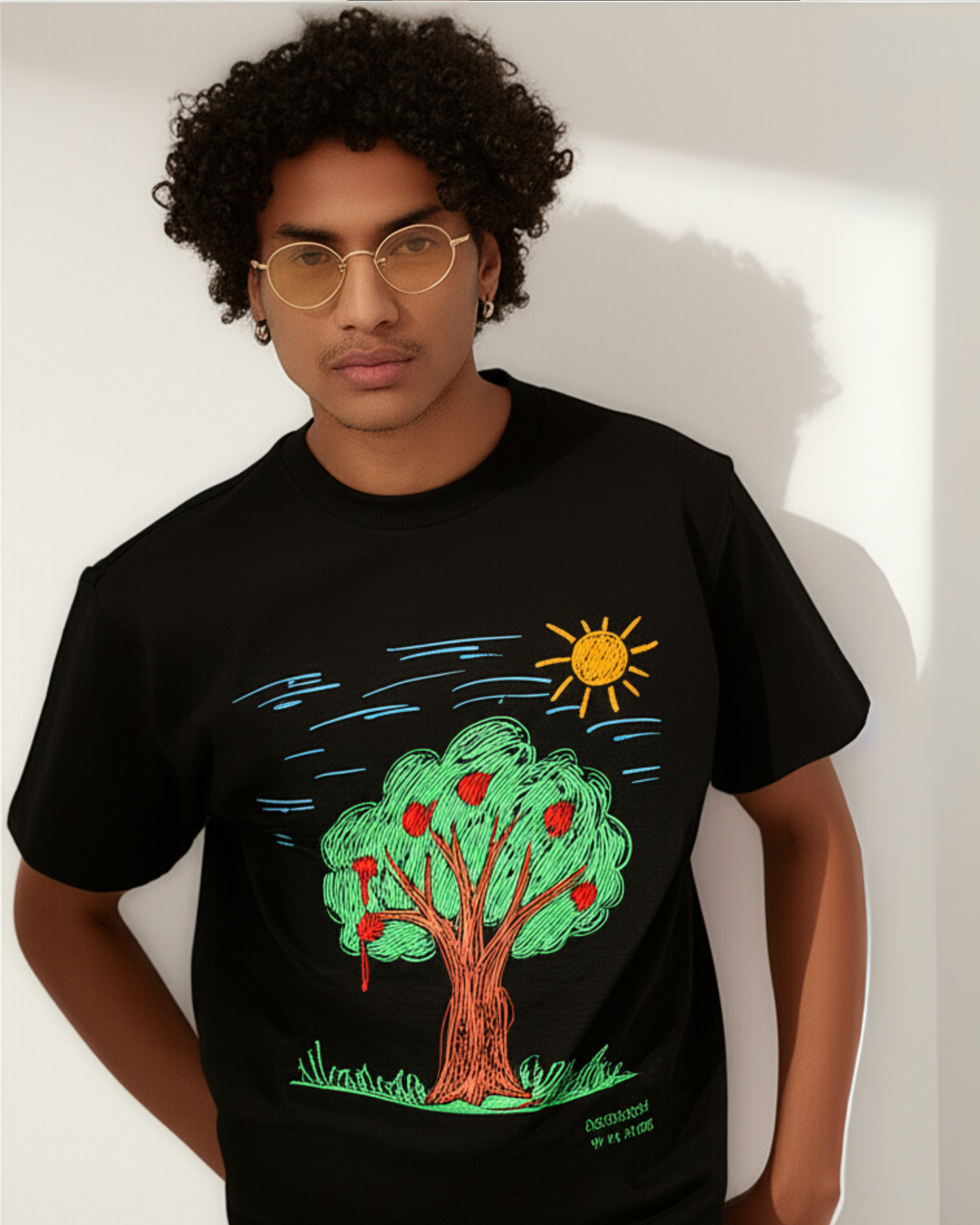 Black Oversized T-Shirt – Printed Apple Tree Drawing by 9-Year-Old Mithu | House of Magnetic HOUSE OF MAGNETIC