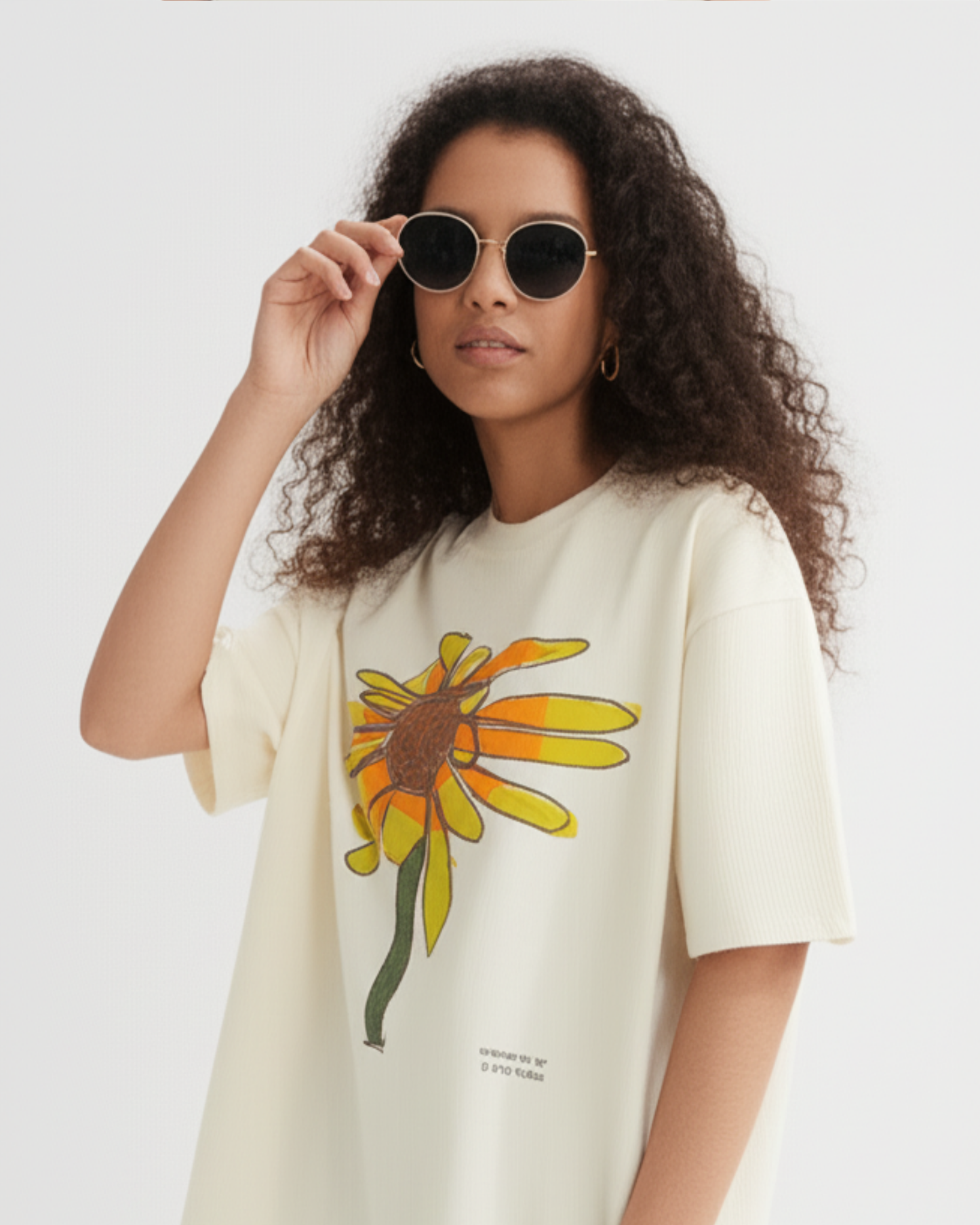 Off-White Oversized T-Shirt – Yellow Sunflower Art by 9-Year-Old Mithu | House of Magnetic HOUSE OF MAGNETIC