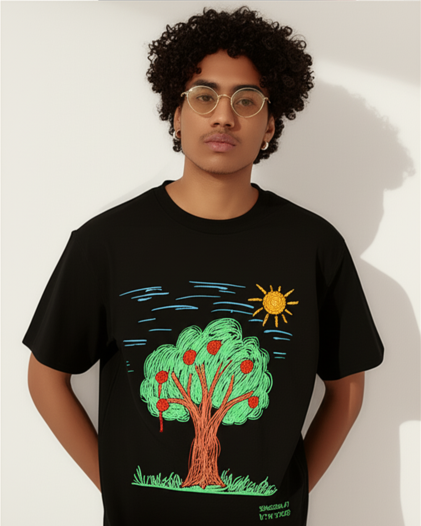 Black Oversized T-Shirt – Printed Apple Tree Drawing by 9-Year-Old Mithu | House of Magnetic HOUSE OF MAGNETIC