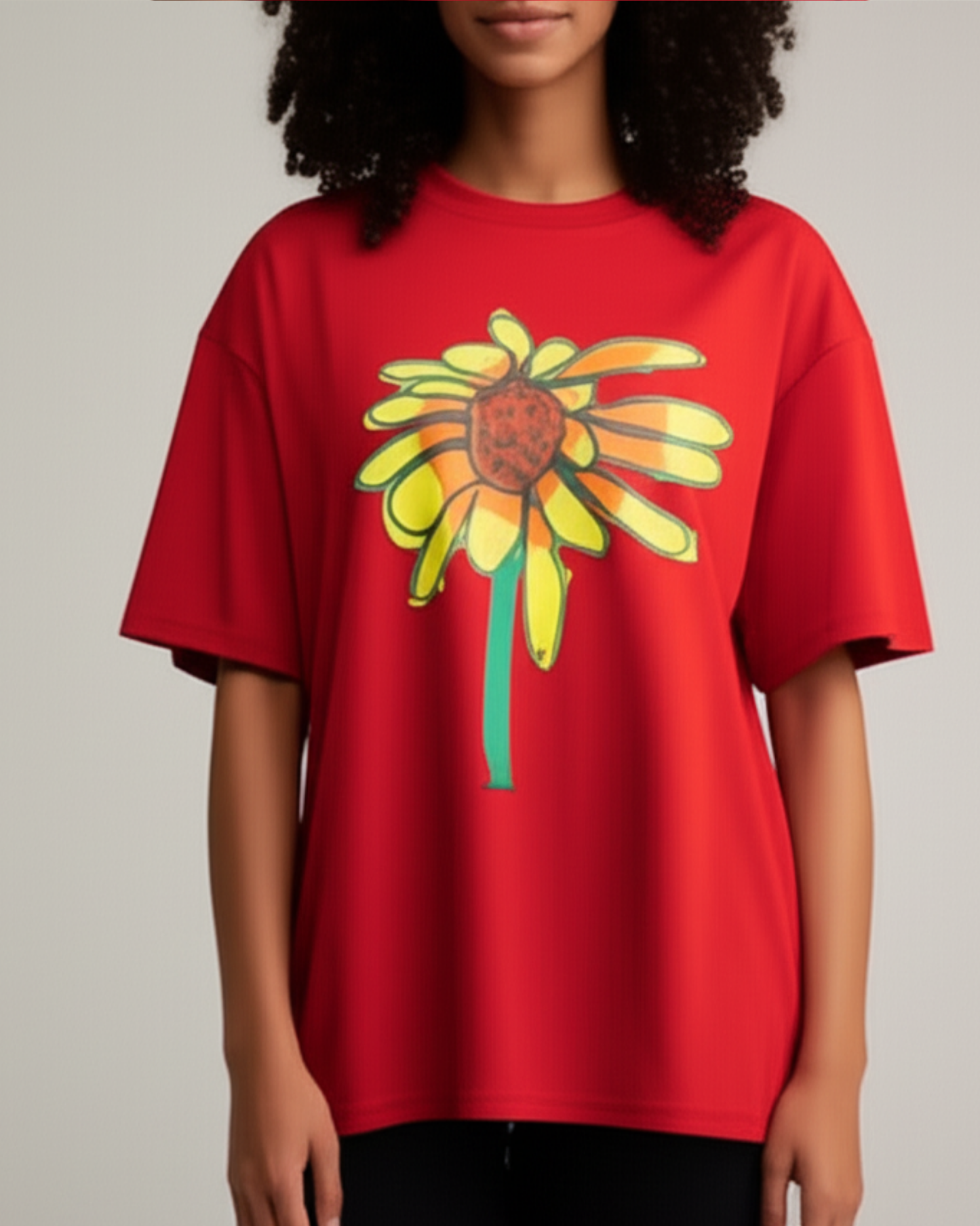 Red Unisex Oversized T-Shirt – Yellow Sunflower Art by 9-Year-Old Mithu | House of Magnetic HOUSE OF MAGNETIC