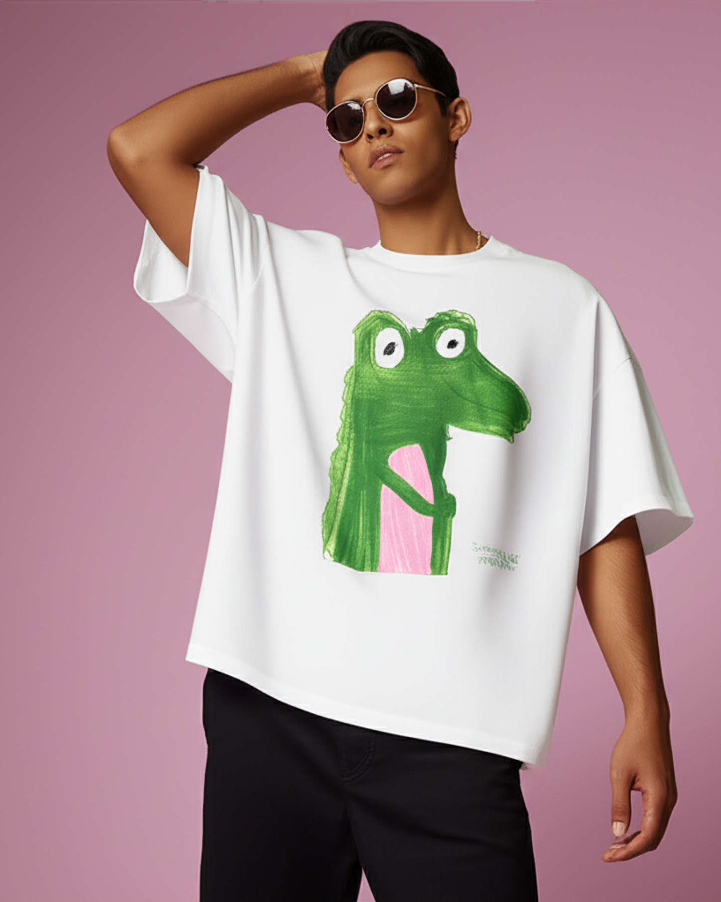 White Oversized T-Shirt – Crocodile Drawing by 9-Year-Old Vidhu | House of Magnetic HOUSE OF MAGNETIC