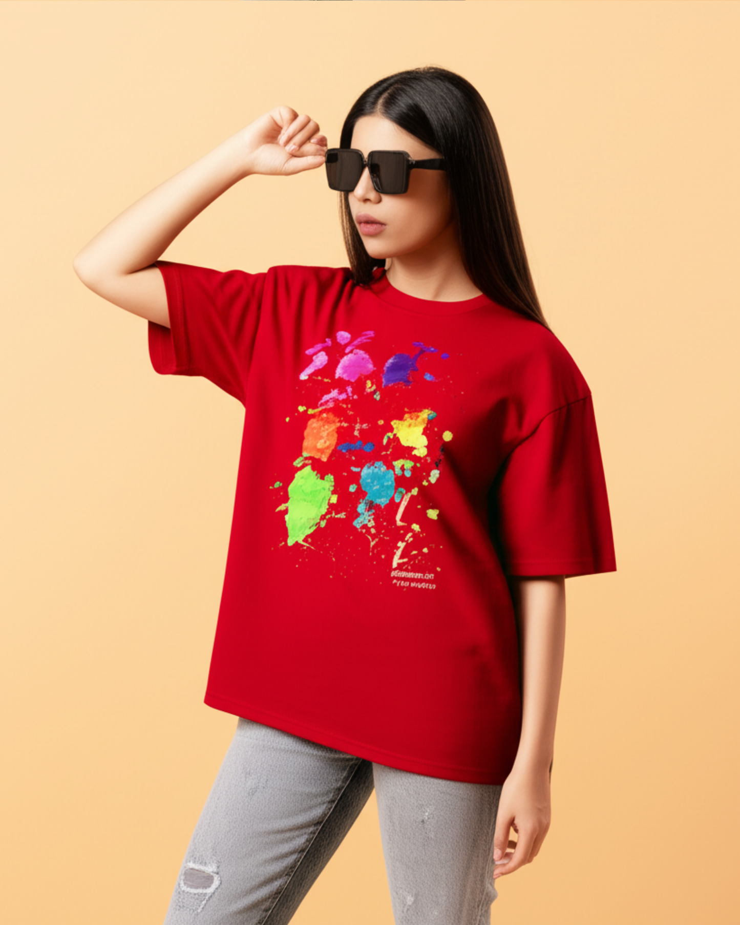 Red Unisex Oversized T-Shirt – Color Splash Art by 9-Year-Old Mithu | House of Magnetic HOUSE OF MAGNETIC
