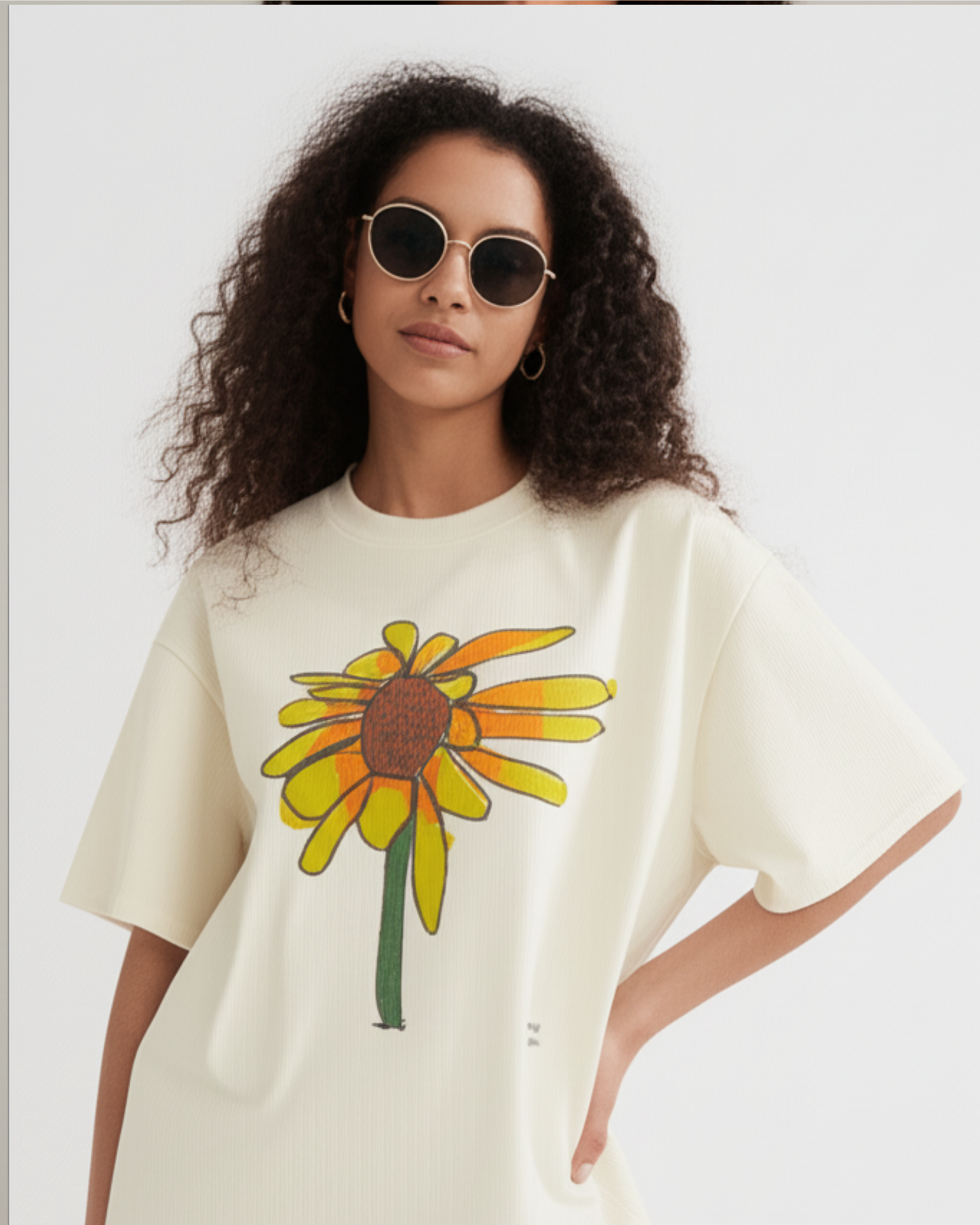 Off-White Oversized T-Shirt – Yellow Sunflower Art by 9-Year-Old Mithu | House of Magnetic HOUSE OF MAGNETIC