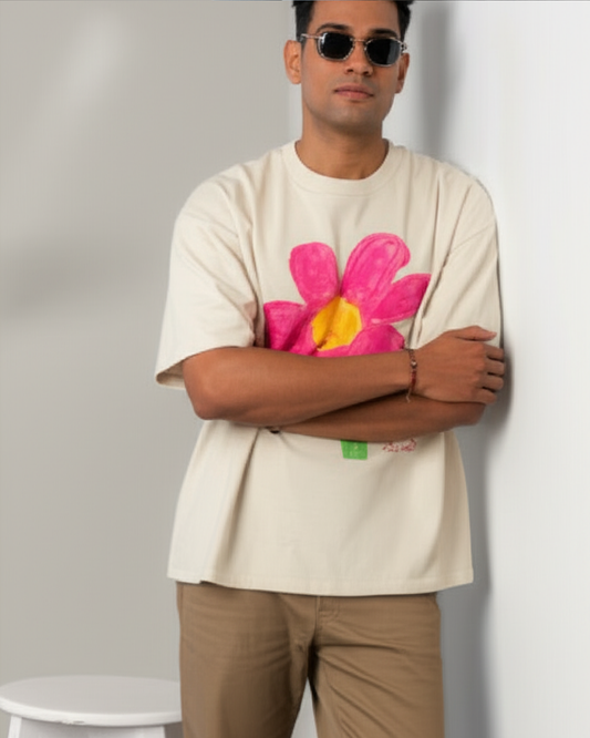 Off-White Oversized T-Shirt – Pink Flower Art by 9-Year-Old Vidhu | House of Magnetic HOUSE OF MAGNETIC
