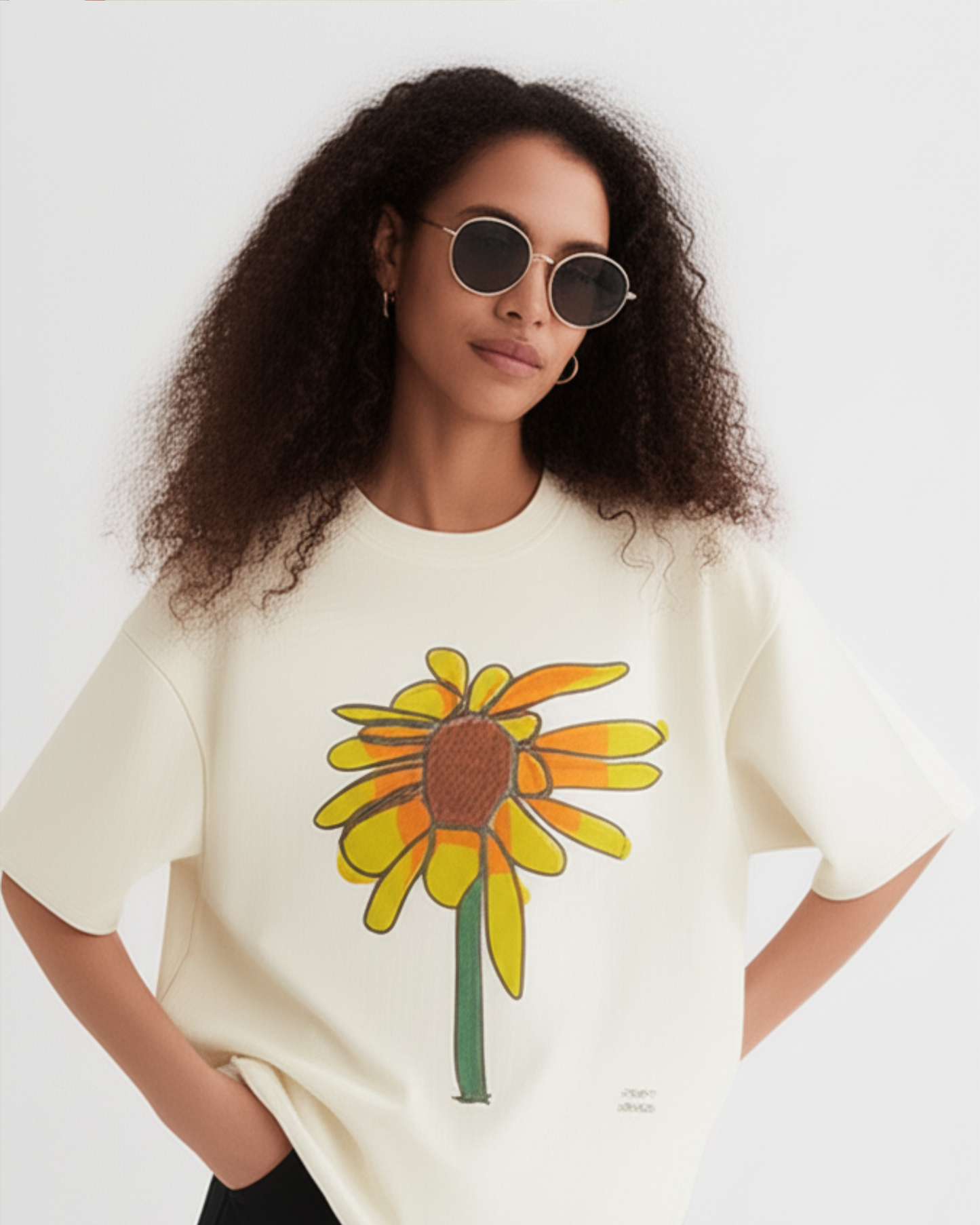Off-White Oversized T-Shirt – Yellow Sunflower Art by 9-Year-Old Mithu | House of Magnetic HOUSE OF MAGNETIC