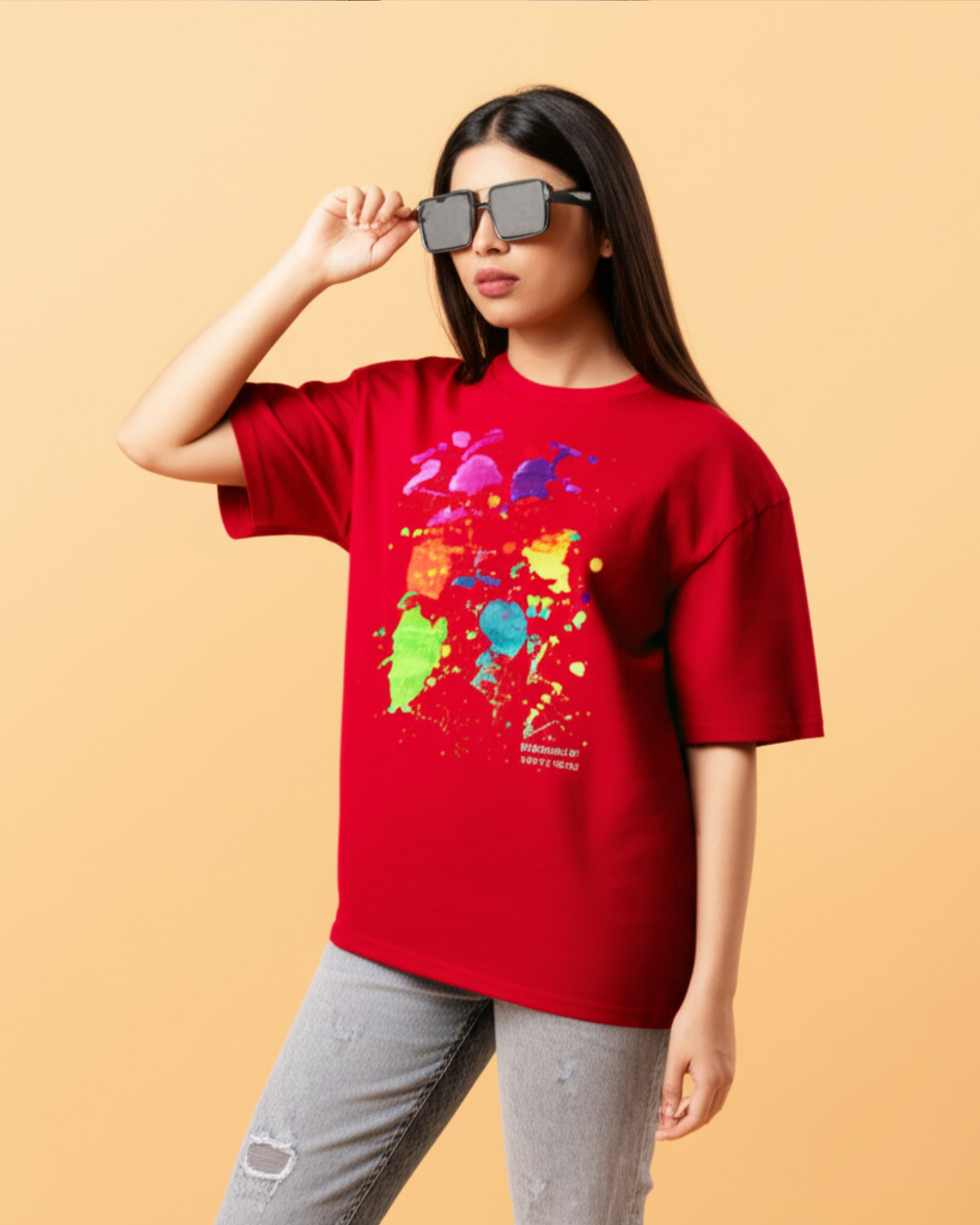 Red Unisex Oversized T-Shirt – Color Splash Art by 9-Year-Old Mithu | House of Magnetic HOUSE OF MAGNETIC