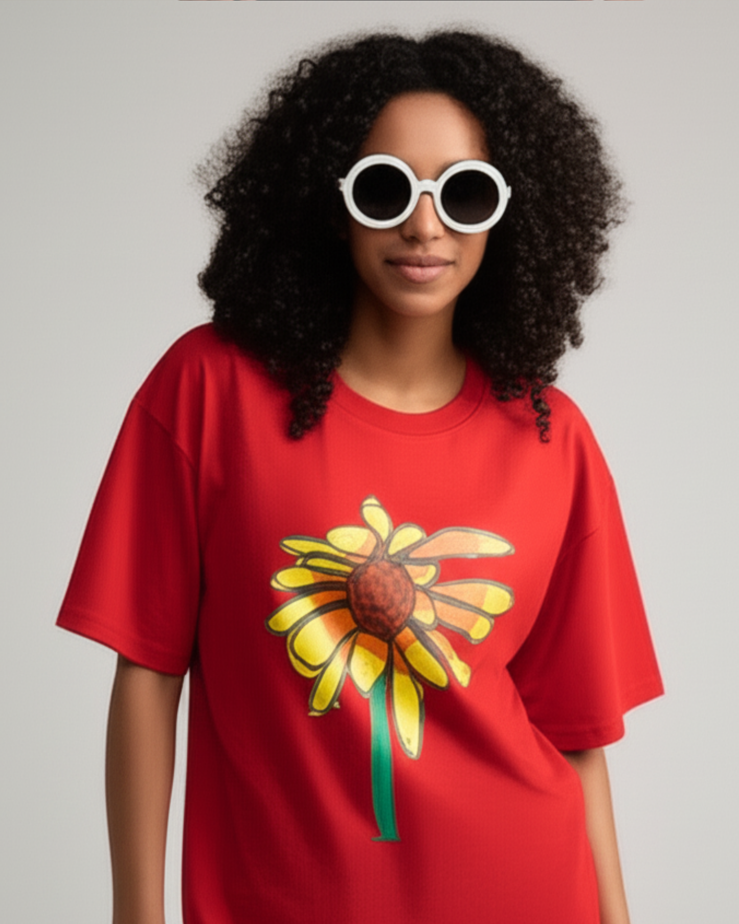 Red Unisex Oversized T-Shirt – Yellow Sunflower Art by 9-Year-Old Mithu | House of Magnetic HOUSE OF MAGNETIC