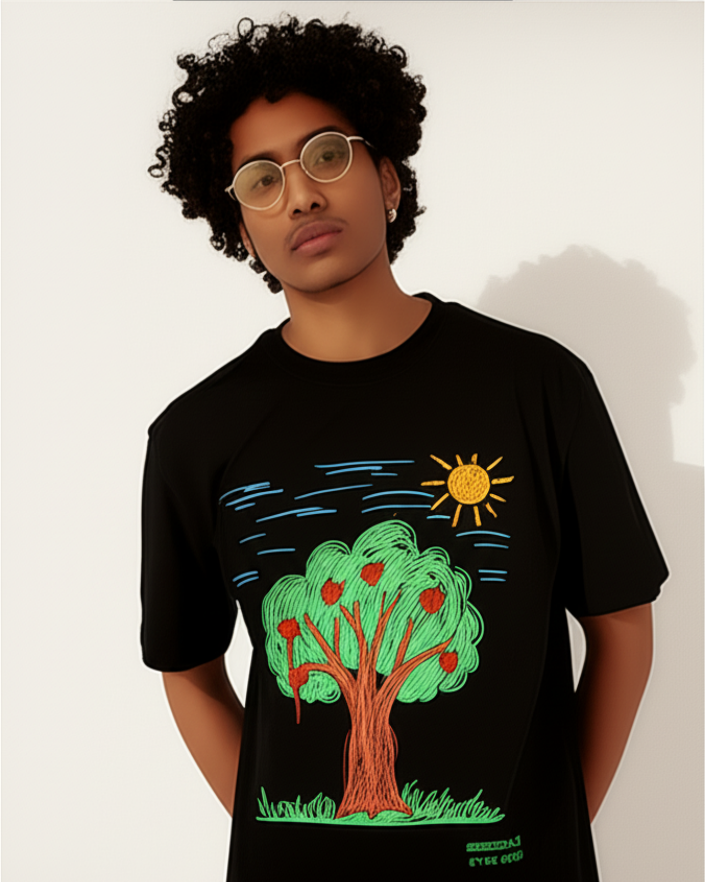 Black Oversized T-Shirt – Printed Apple Tree Drawing by 9-Year-Old Mithu | House of Magnetic HOUSE OF MAGNETIC
