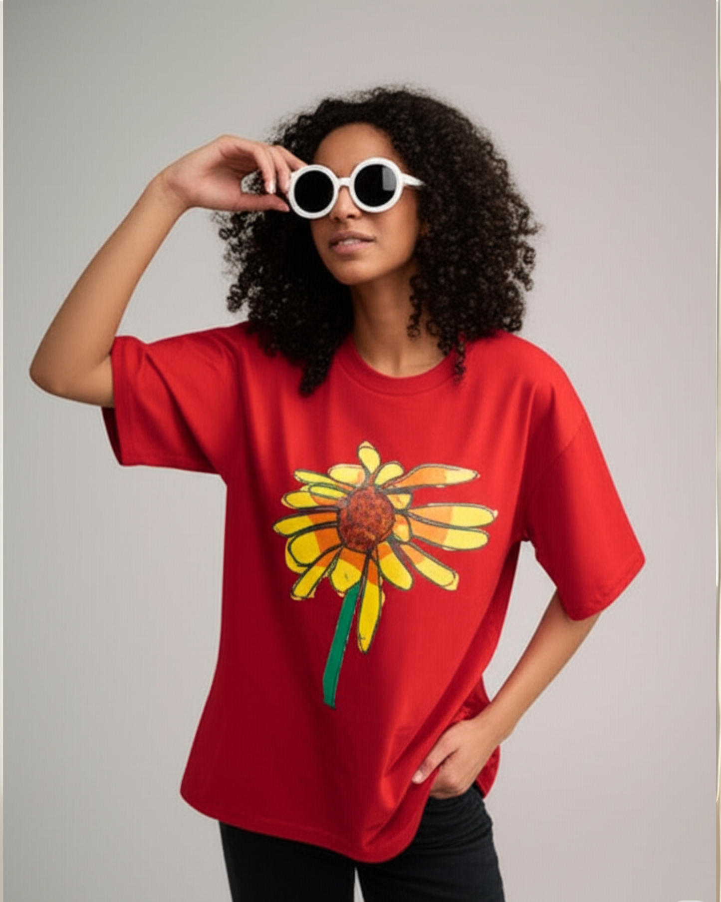 Red Unisex Oversized T-Shirt – Yellow Sunflower Art by 9-Year-Old Mithu | House of Magnetic HOUSE OF MAGNETIC