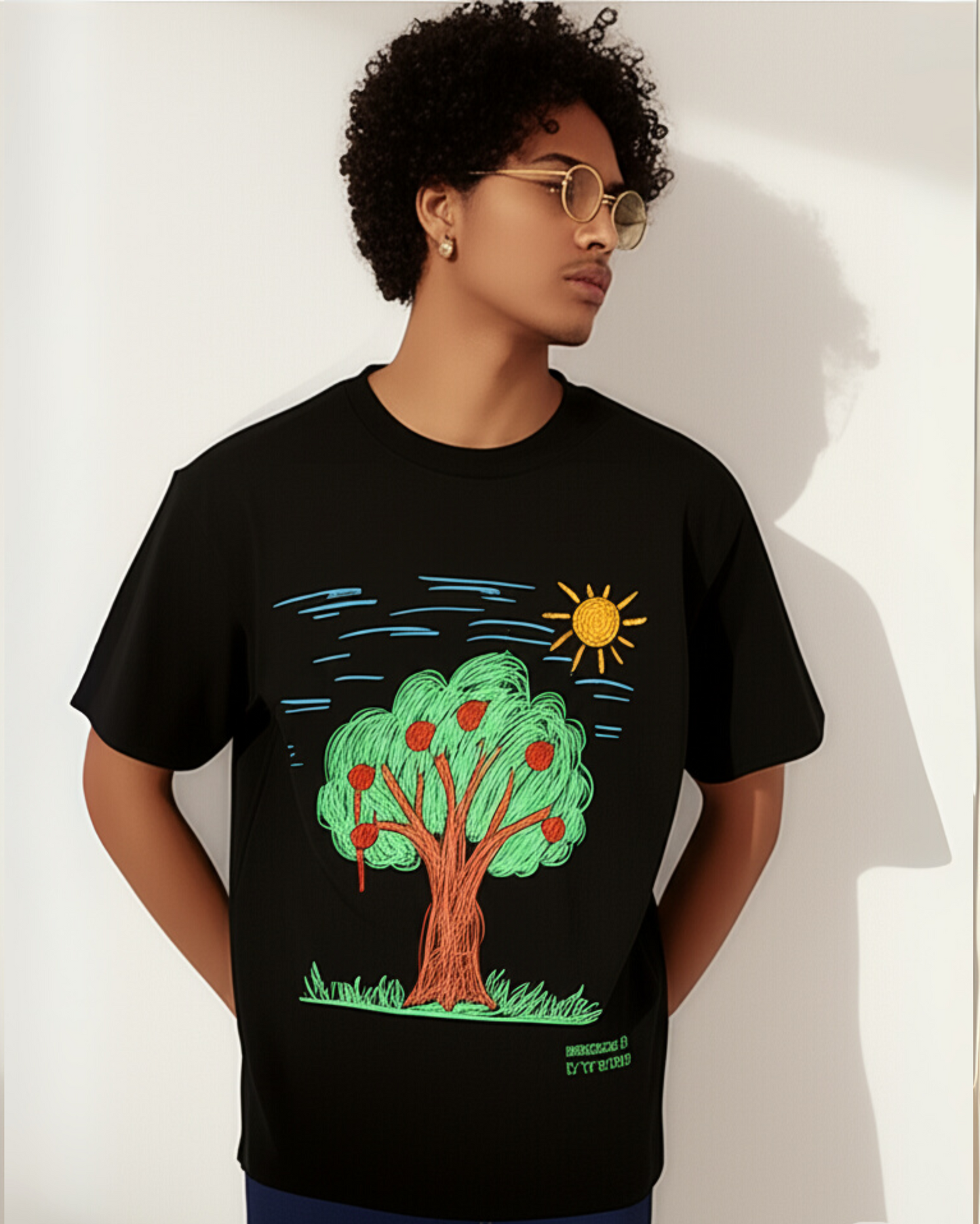 Black Oversized T-Shirt – Printed Apple Tree Drawing by 9-Year-Old Mithu | House of Magnetic HOUSE OF MAGNETIC