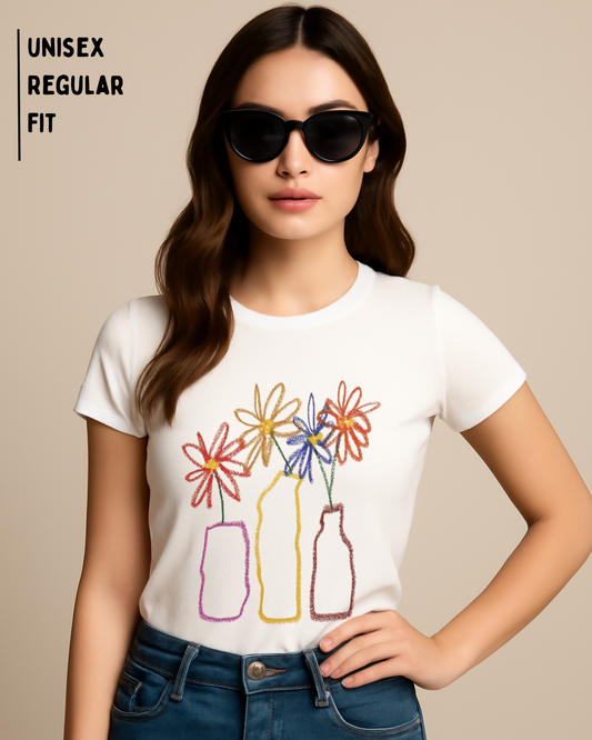 Color Bloom Bottles T-Shirt – Designed by 9-Year-Old Mithu | Kids Art Floral Tee by House of Magnetic HOUSE OF MAGNETIC