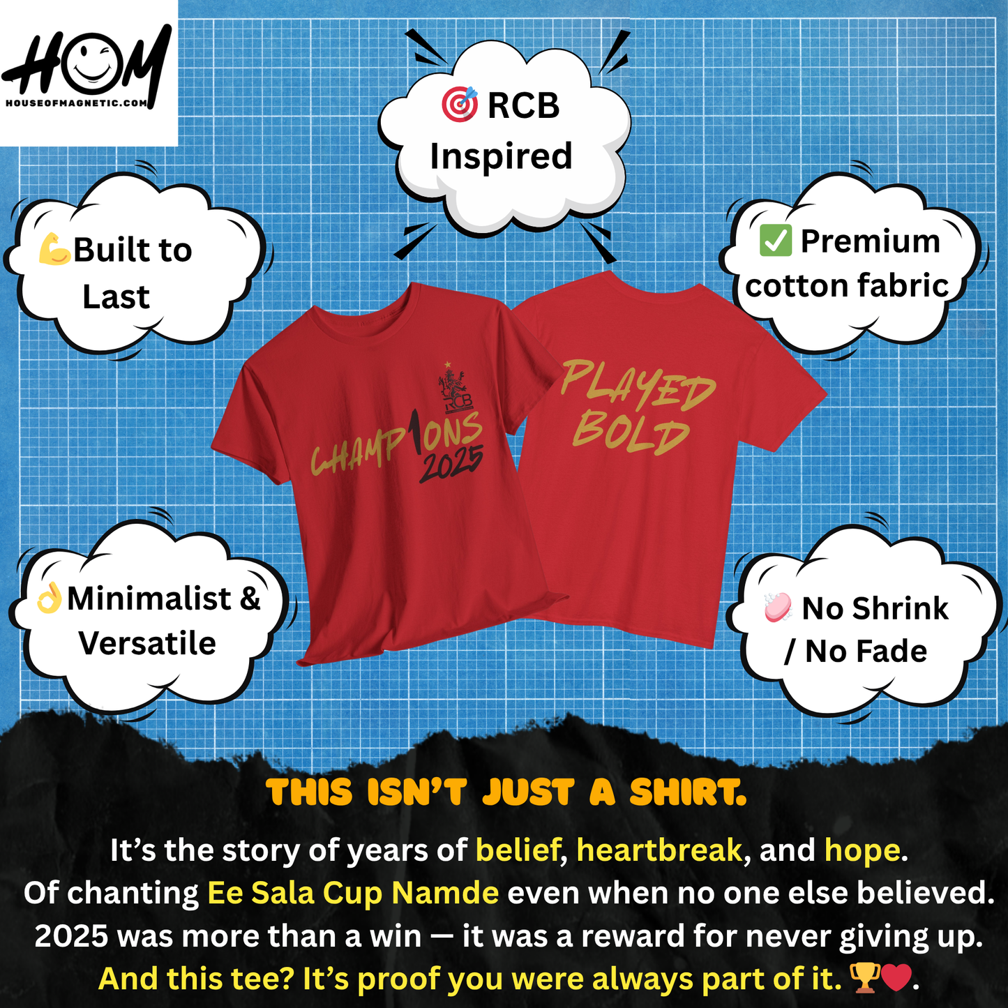 IPL RCB Champion T-Shirt, Red, Soft Cotton, Cricket Fan Jersey, Indian Premier League Houseofmagnetic