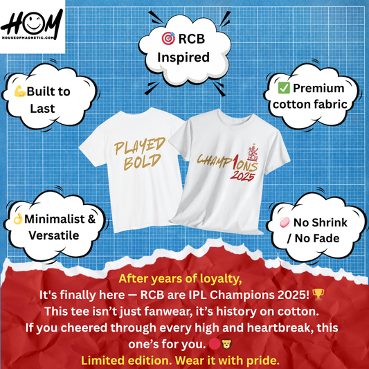 IPL RCB Champion T-Shirt, Black, White, Soft Cotton, Cricket Fan Jersey, Indian Premier League Houseofmagnetic