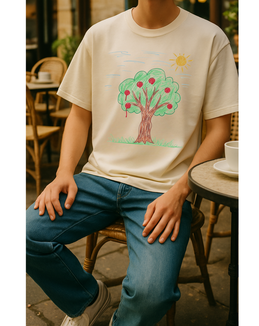 Off-White Oversized T-Shirt – Printed Drawing by 9-Year-Old Mithu | House of Magnetic HOUSE OF MAGNETIC