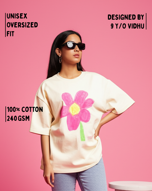 Off-White Oversized T-Shirt – Pink Flower Art by 9-Year-Old Vidhu | House of Magnetic HOUSE OF MAGNETIC