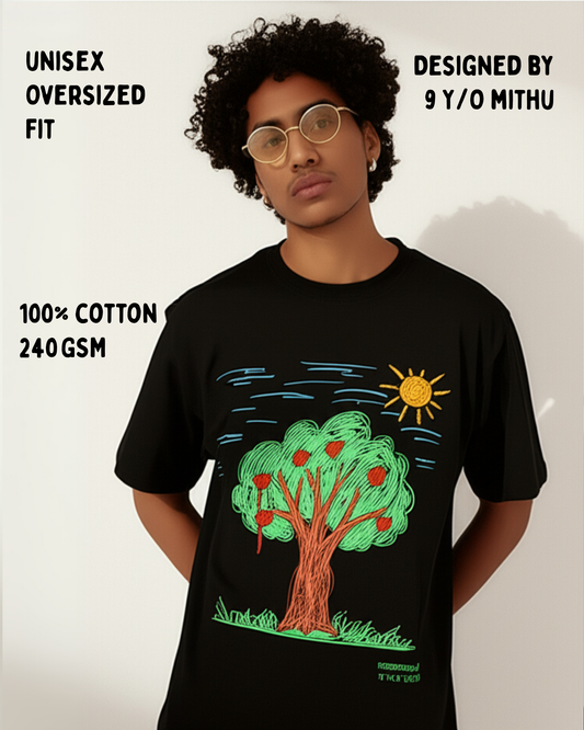 Black Oversized T-Shirt – Printed Apple Tree Drawing by 9-Year-Old Mithu | House of Magnetic HOUSE OF MAGNETIC