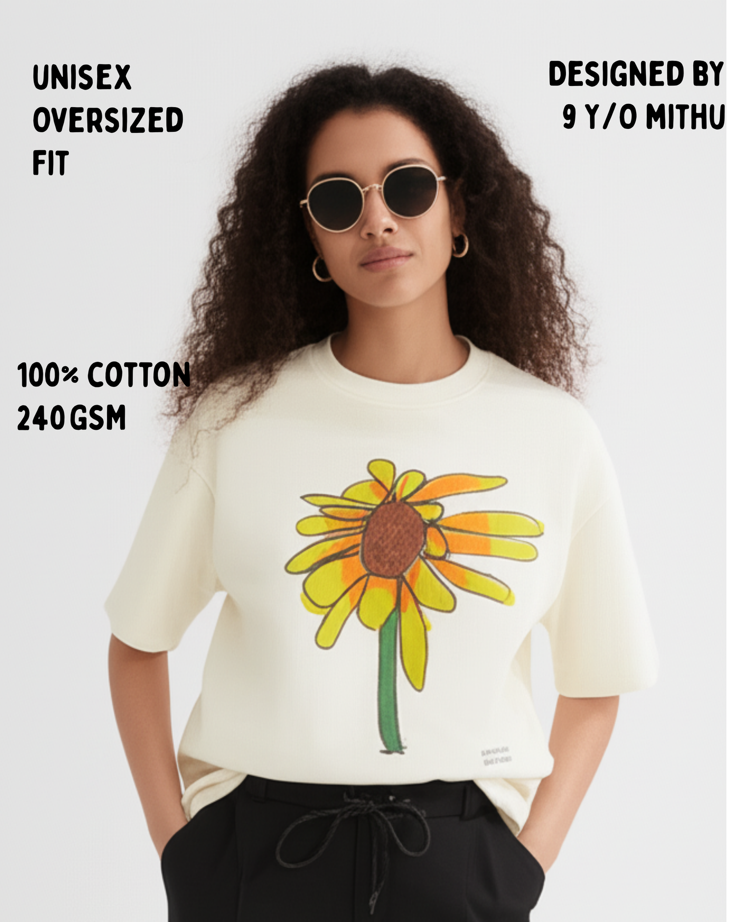Off-White Oversized T-Shirt – Yellow Sunflower Art by 9-Year-Old Mithu | House of Magnetic HOUSE OF MAGNETIC