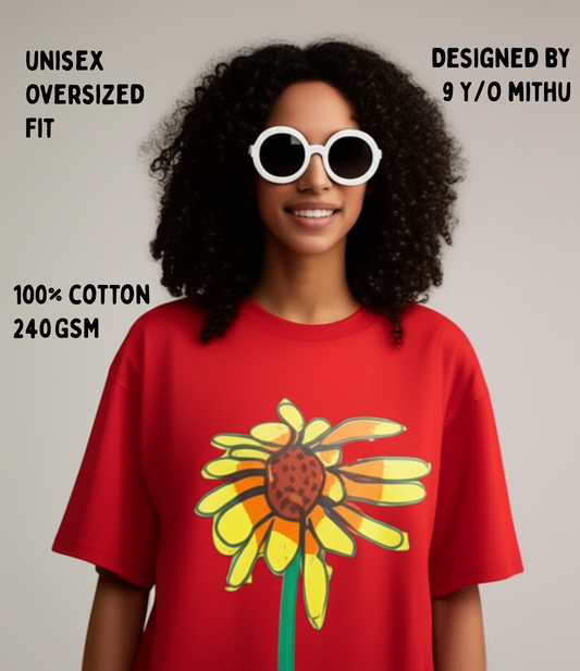 Red Unisex Oversized T-Shirt – Yellow Sunflower Art by 9-Year-Old Mithu | House of Magnetic HOUSE OF MAGNETIC