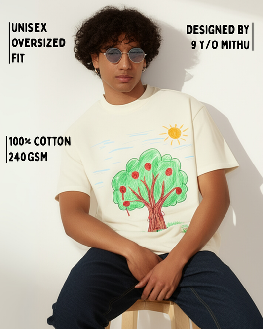 Off-White Oversized T-Shirt – Printed Drawing by 9-Year-Old Mithu | House of Magnetic HOUSE OF MAGNETIC