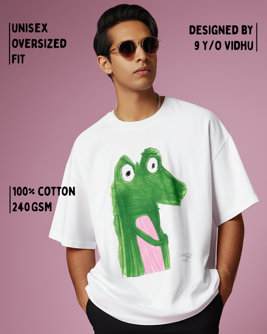 White Oversized T-Shirt – Crocodile Drawing by 9-Year-Old Vidhu | House of Magnetic HOUSE OF MAGNETIC