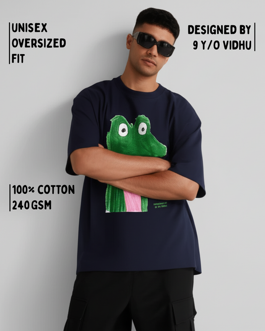 Navy Oversized T-Shirt – Crocodile Artwork by 9-Year-Old Vidhu | House of Magnetic HOUSE OF MAGNETIC