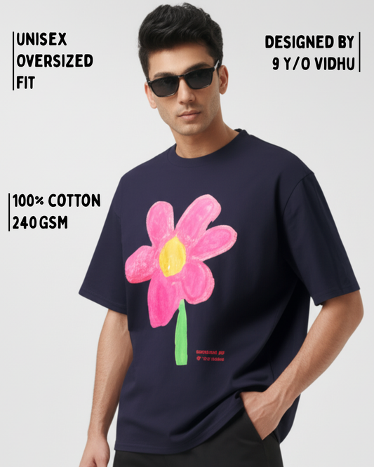 Navy Unisex Oversized T-Shirt – Pink Flower Artwork by 9-Year-Old Vidhu | House of Magnetic HOUSE OF MAGNETIC