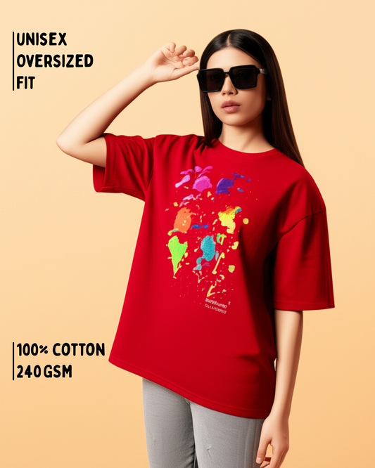 Red Unisex Oversized T-Shirt – Color Splash Art by 9-Year-Old Mithu | House of Magnetic HOUSE OF MAGNETIC