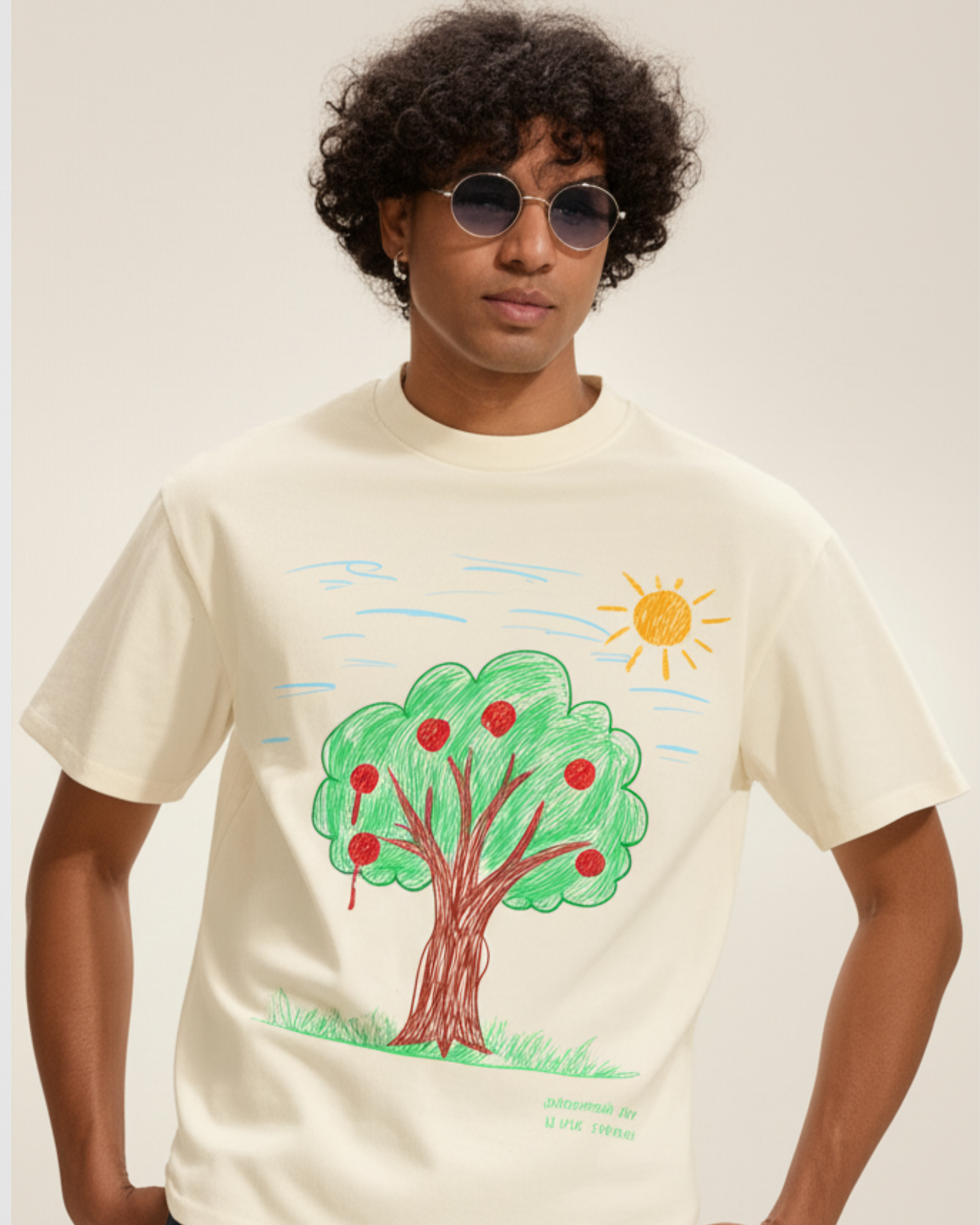Off-White Oversized T-Shirt – Printed Drawing by 9-Year-Old Mithu | House of Magnetic HOUSE OF MAGNETIC