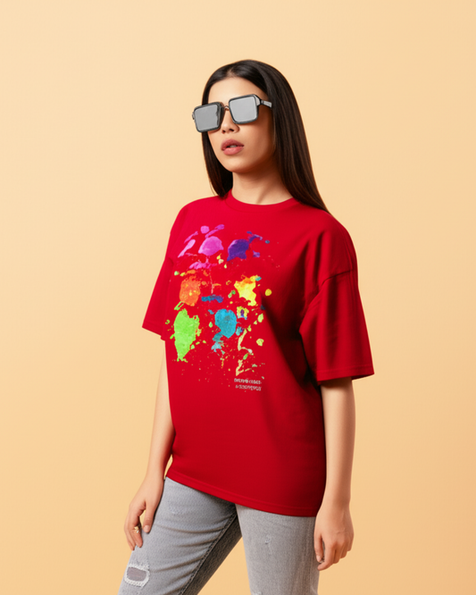 Red Unisex Oversized T-Shirt – Color Splash Art by 9-Year-Old Mithu | House of Magnetic HOUSE OF MAGNETIC