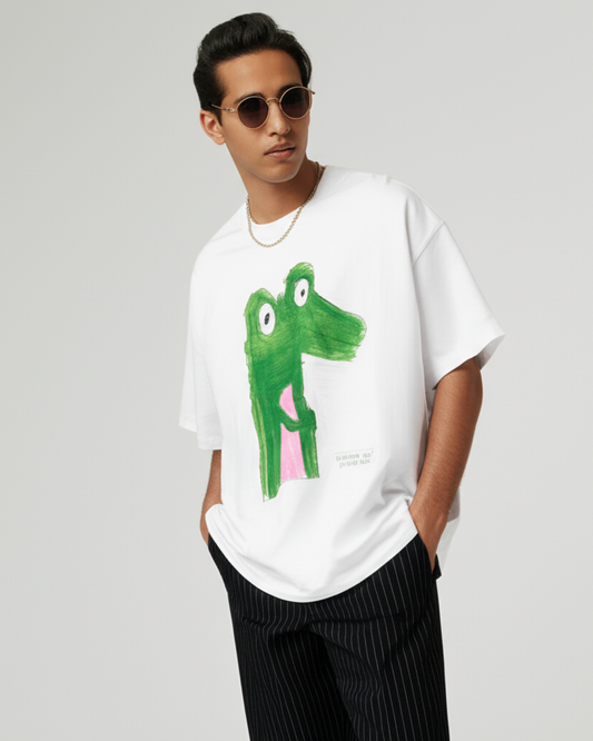 White Oversized T-Shirt – Crocodile Drawing by 9-Year-Old Vidhu | House of Magnetic HOUSE OF MAGNETIC