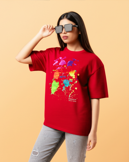 Red Unisex Oversized T-Shirt – Color Splash Art by 9-Year-Old Mithu | House of Magnetic HOUSE OF MAGNETIC