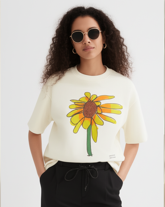 Off-White Oversized T-Shirt – Yellow Sunflower Art by 9-Year-Old Mithu | House of Magnetic HOUSE OF MAGNETIC