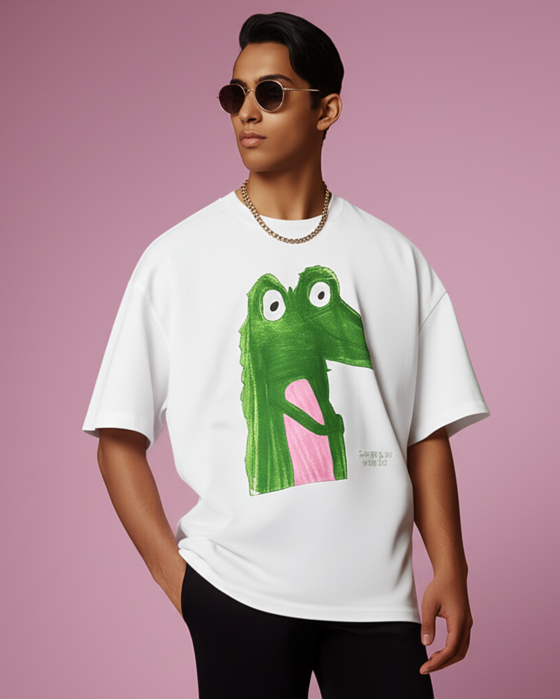 White Oversized T-Shirt – Crocodile Drawing by 9-Year-Old Vidhu | House of Magnetic HOUSE OF MAGNETIC