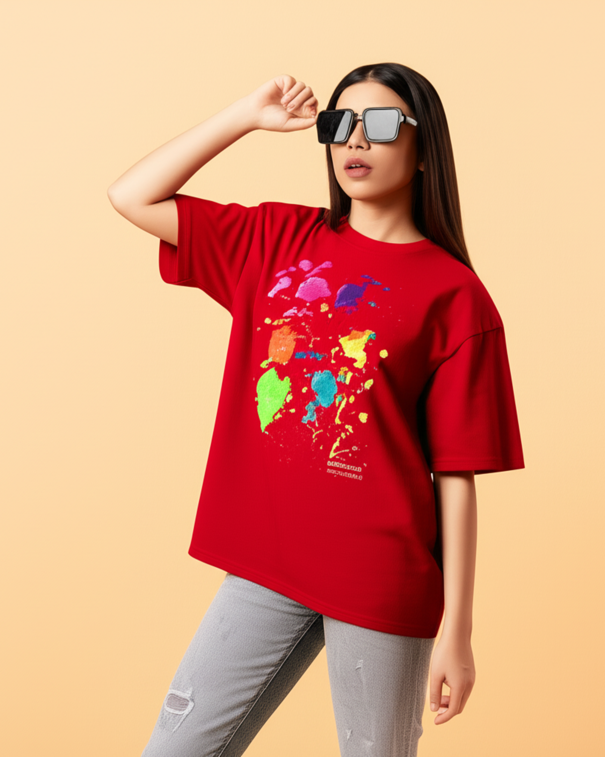 Red Unisex Oversized T-Shirt – Color Splash Art by 9-Year-Old Mithu | House of Magnetic HOUSE OF MAGNETIC