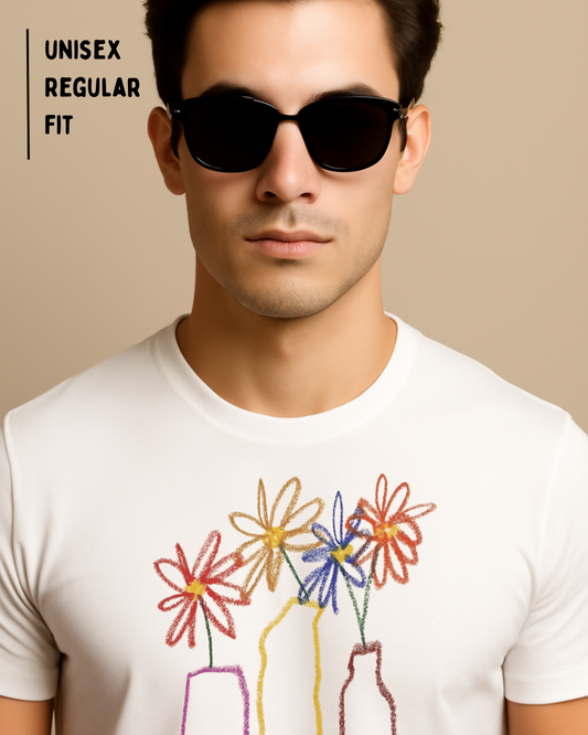 Color Bloom Bottles T-Shirt – Designed by 9-Year-Old Mithu | Kids Art Floral Tee by House of Magnetic HOUSE OF MAGNETIC